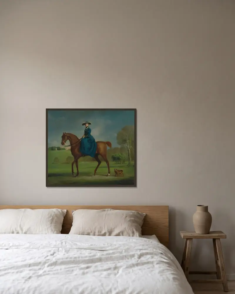 Hraběnka z Coningsby v kostýmu Charltonského honu, George Stubbs v rámu na stěně