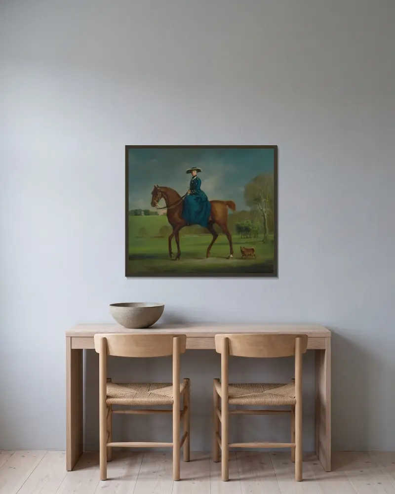 Hraběnka z Coningsby v kostýmu Charltonského honu, George Stubbs v rámu na stěně