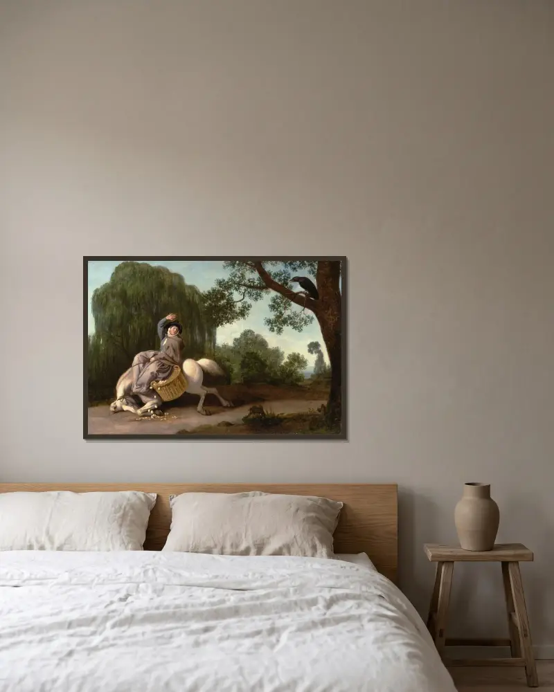 Bondhustrun och korpen av George Stubbs inramad på en vägg