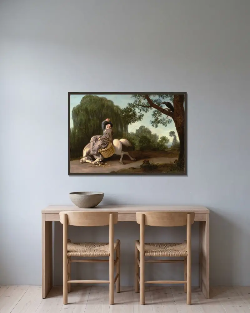 Bondhustrun och korpen av George Stubbs inramad på en vägg