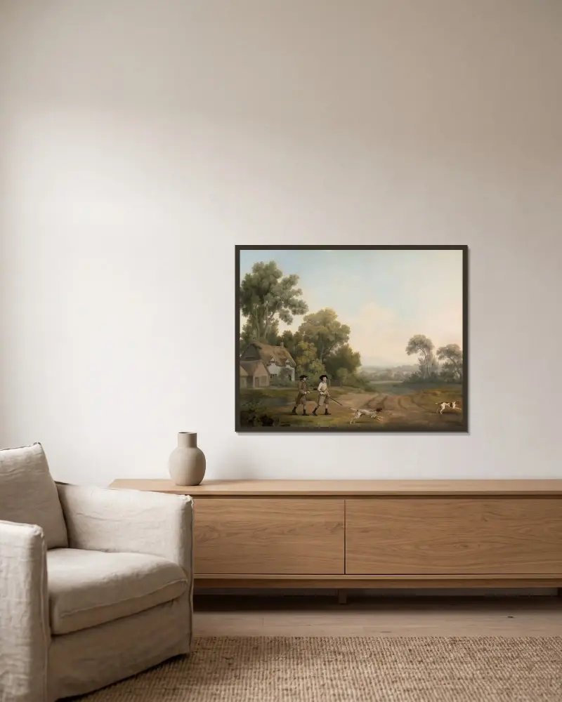 Två herrar på jakt av George Stubbs inramad på en vägg