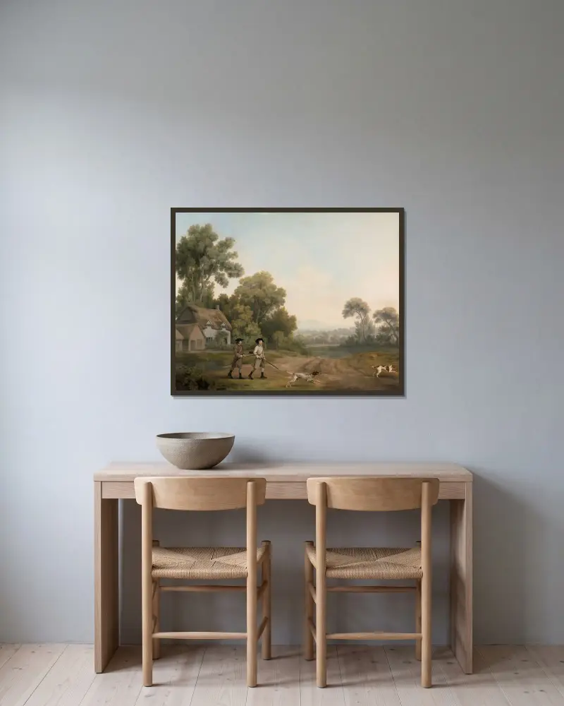 Två herrar på jakt av George Stubbs inramad på en vägg