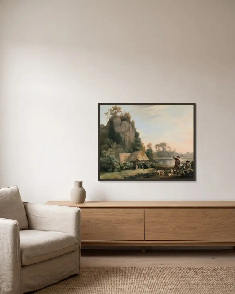 Två herrar på jakt med utsikt över Creswell Crags, taget på plats av George Stubbs inramad på en vägg