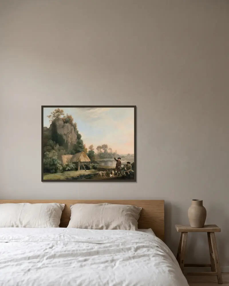 Två herrar på jakt med utsikt över Creswell Crags, taget på plats av George Stubbs inramad på en vägg