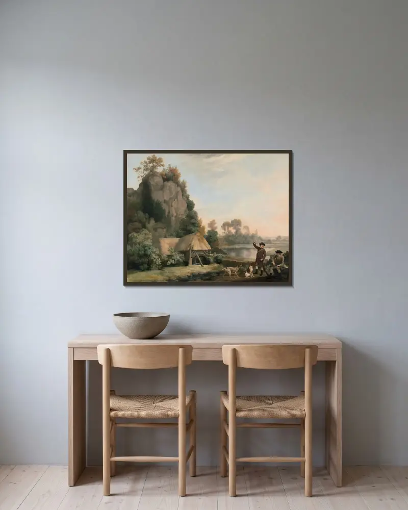 Två herrar på jakt med utsikt över Creswell Crags, taget på plats av George Stubbs inramad på en vägg