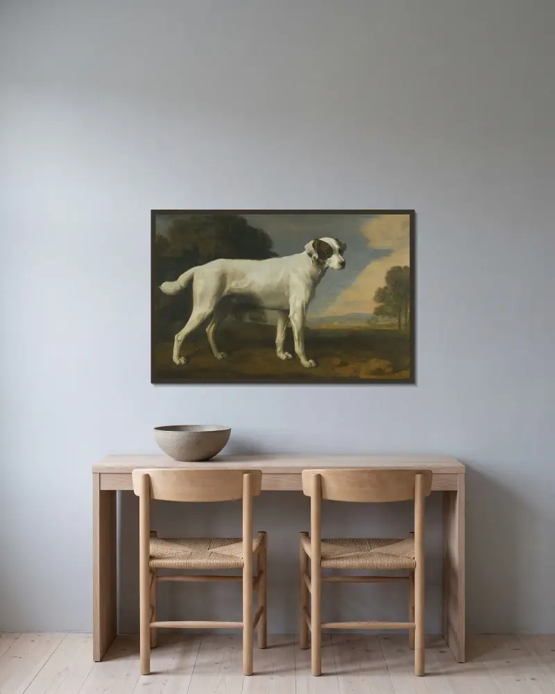 Viscount Gormanstons vita hund av George Stubbs inramad på en vägg