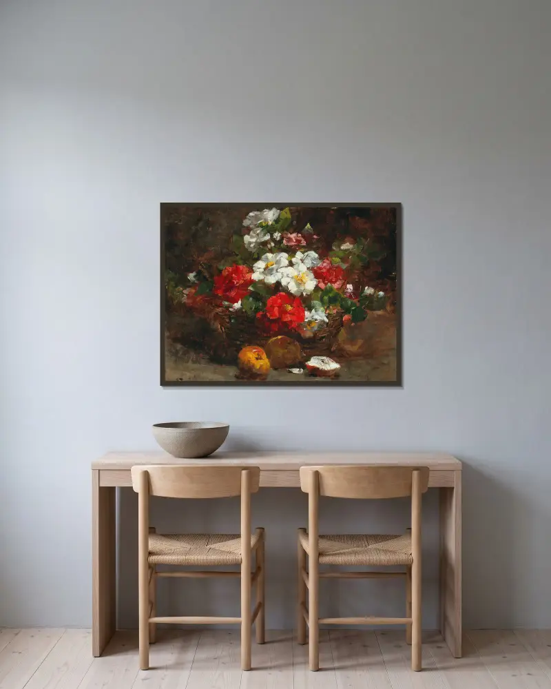 A basket full of flowers av Georges Jeannin inramad på en vägg