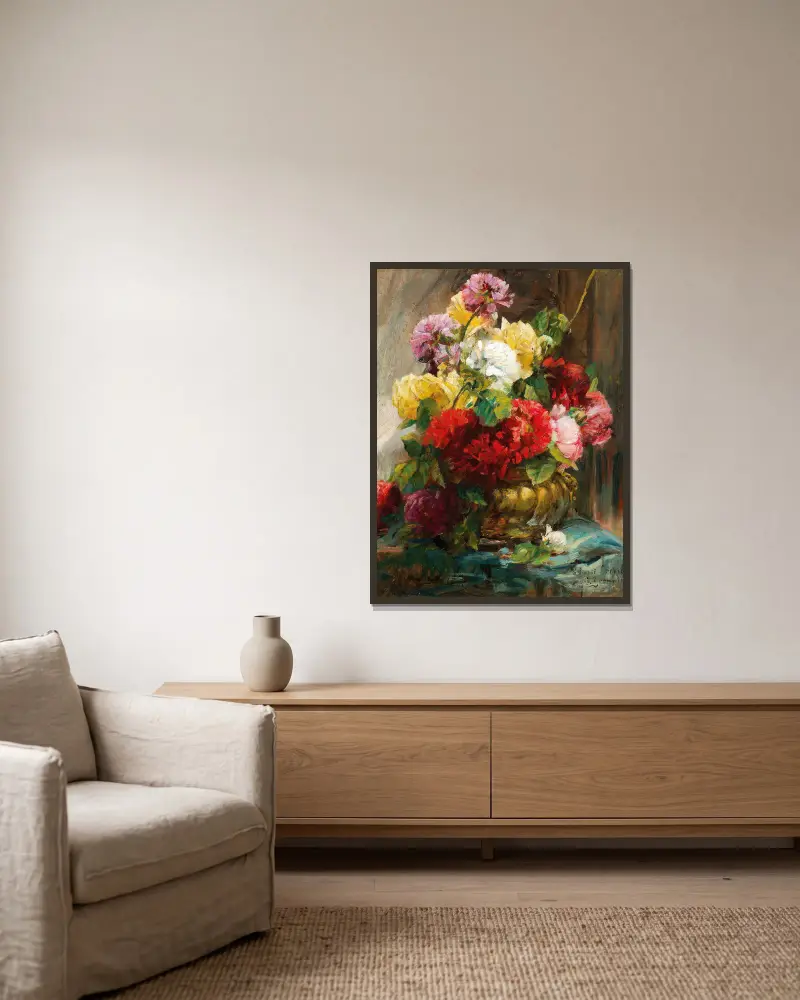 Flower Piece in Vase av Georges Jeannin inramad på en vägg