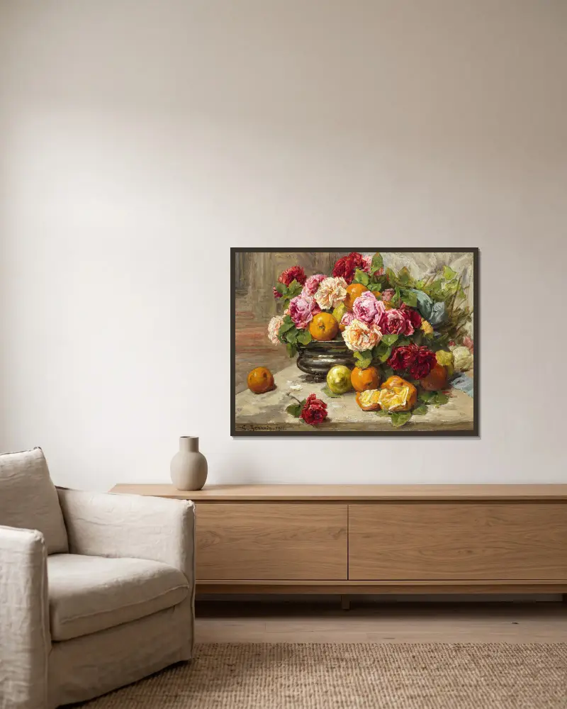 Still life of roses and fruit av Georges Jeannin inramad på en vägg