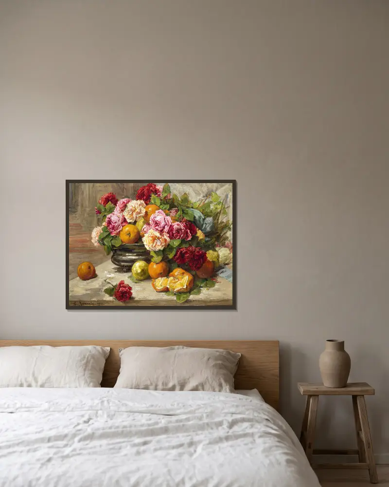 Still life of roses and fruit av Georges Jeannin inramad på en vägg