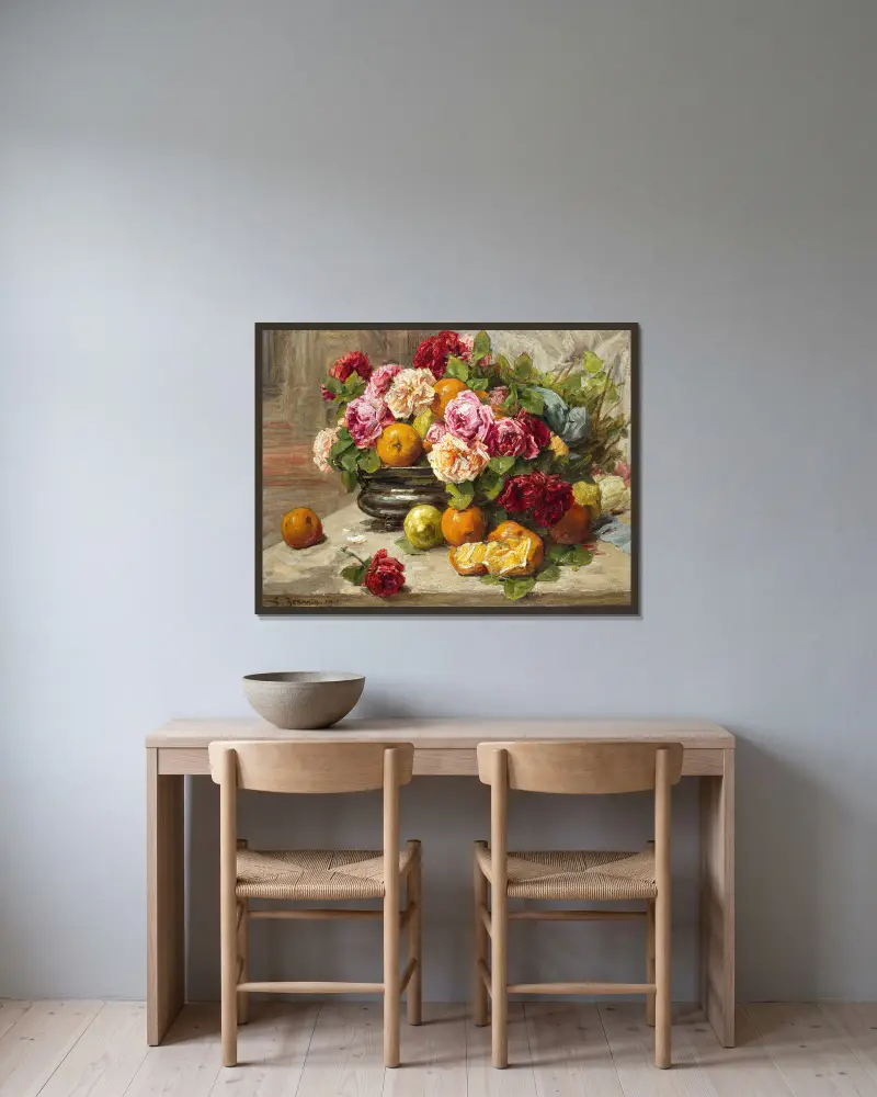 Still life of roses and fruit av Georges Jeannin inramad på en vägg