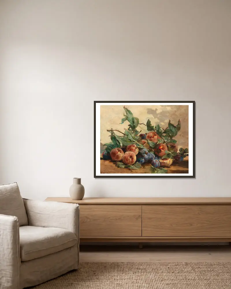 Still Life with Fruit, with Plums and Peaches av Georges Jeannin inramad på en vägg