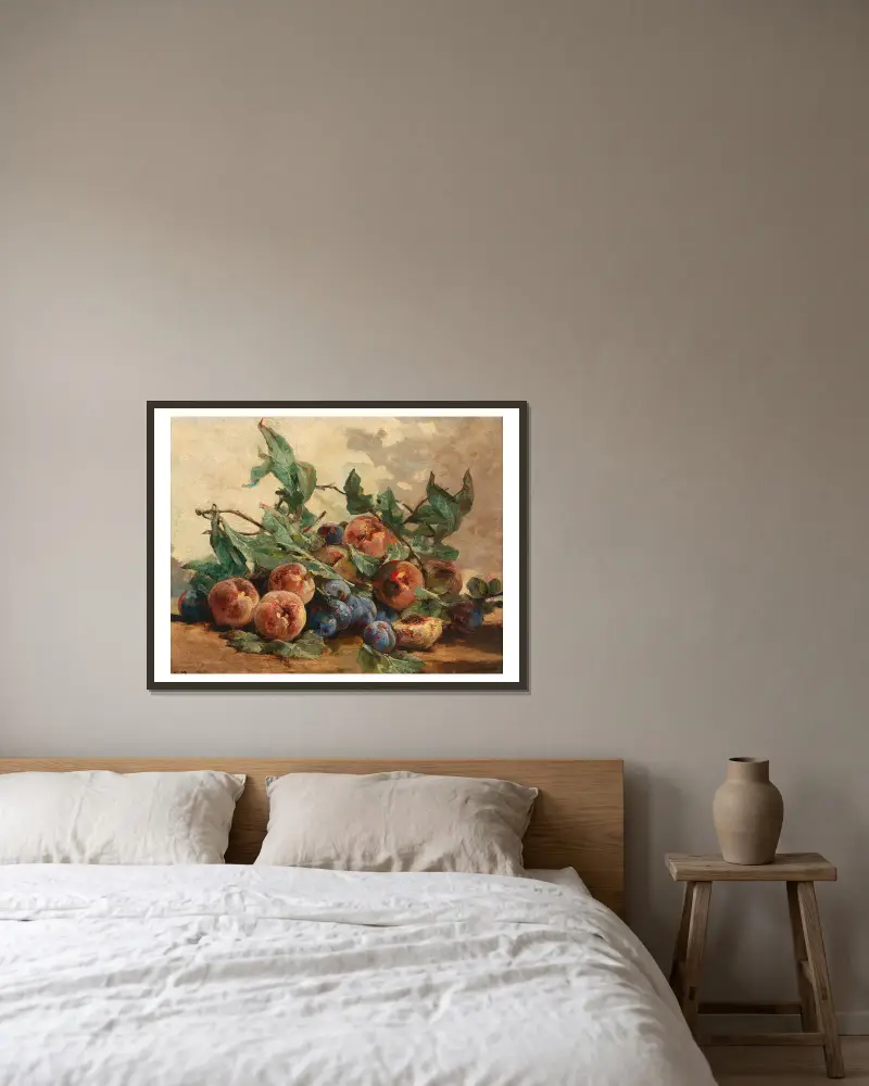 Still Life with Fruit, with Plums and Peaches av Georges Jeannin inramad på en vägg