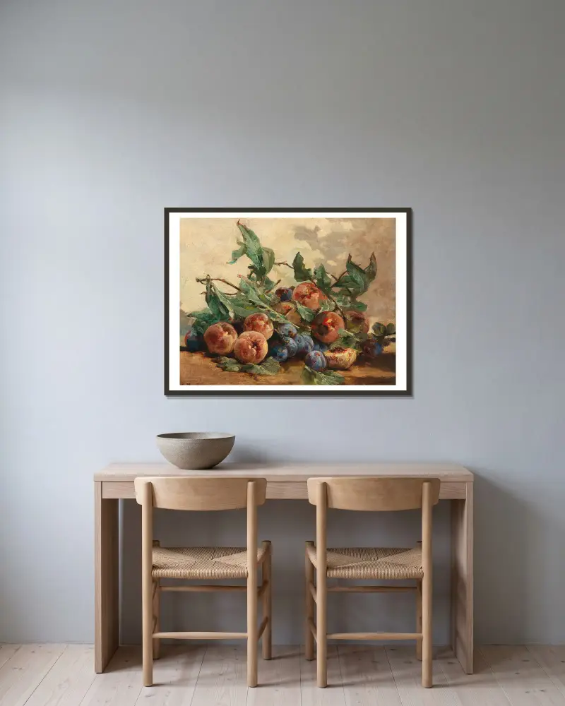 Still Life with Fruit, with Plums and Peaches av Georges Jeannin inramad på en vägg