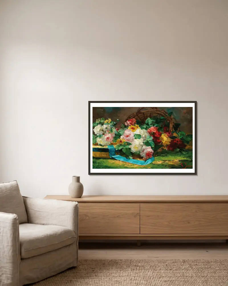 Still Life with Roses and a Hat av Georges Jeannin inramad på en vägg