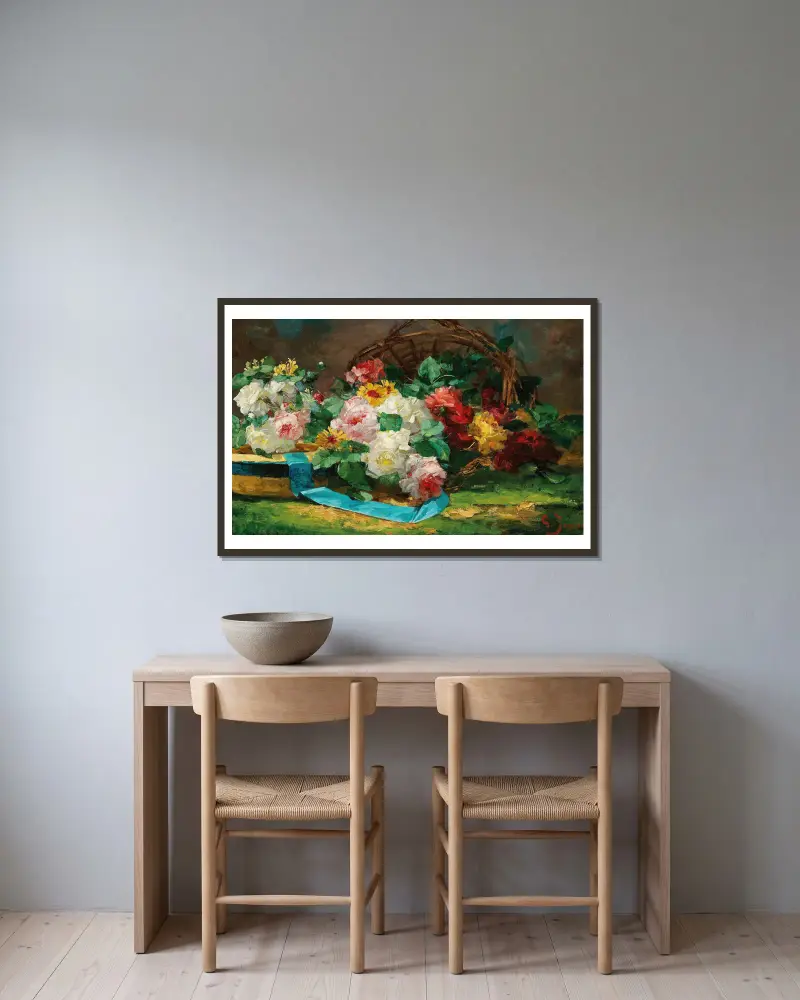 Still Life with Roses and a Hat av Georges Jeannin inramad på en vägg