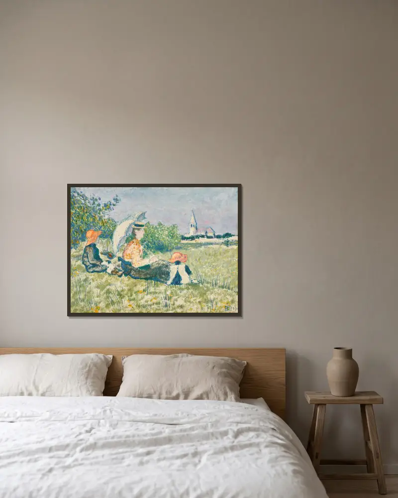 Fru Lemmen och hennes barn i en trädgård av Georges Lemmen inramad på en vägg