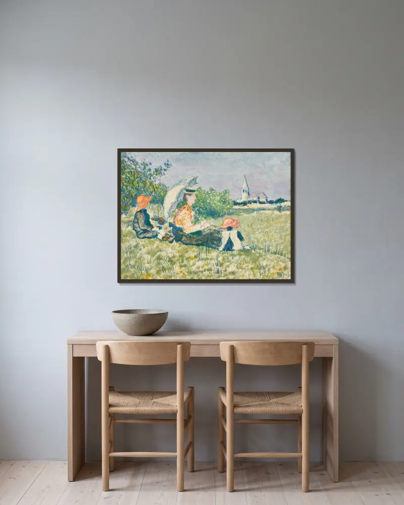 Fru Lemmen och hennes barn i en trädgård av Georges Lemmen inramad på en vägg