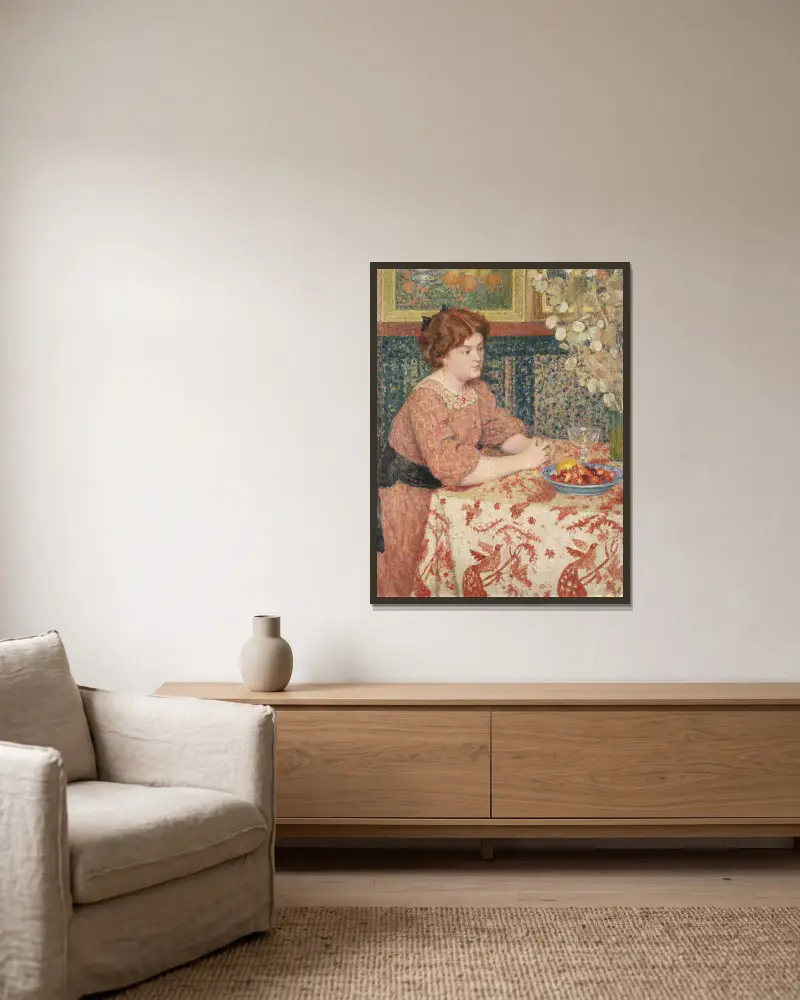 Junge Frau mit Kirschen von Georges Lemmen gerahmt an einer Wand