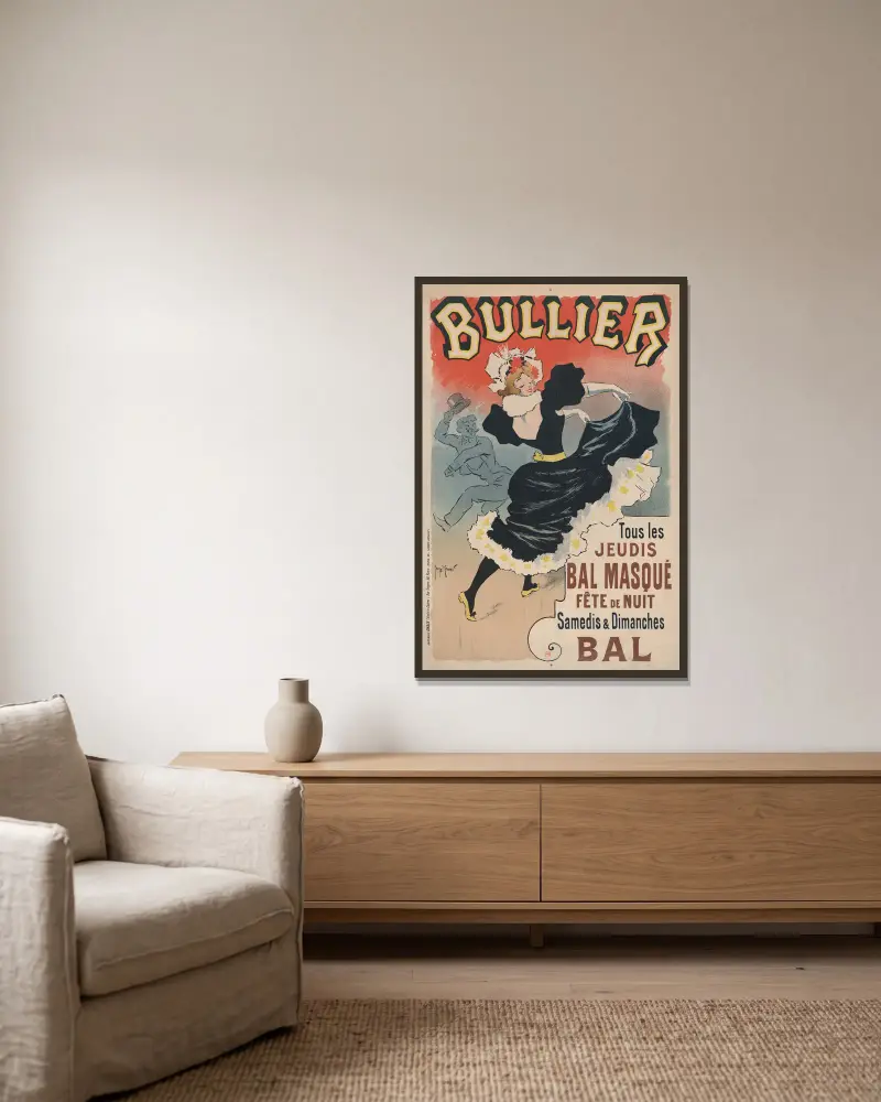 Bullier. Tous les jeudis Bal masqué, fête de nuit. Samedis et dimanches Bal av Georges Meunier inramad på en vägg