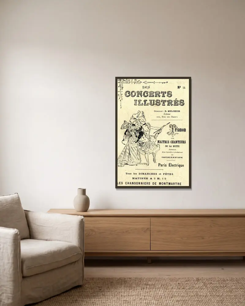 Les concerts illustrés. No. 14 av Georges Meunier inramad på en vägg