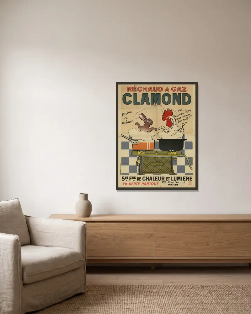 Réchaud à gaz Clamond. Société française de chaleur et lumière, 22, rue Drouot, Paris. lapin, coq av Georges Meunier inramad på en vägg