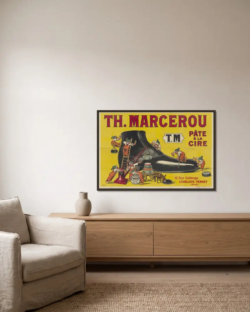 TH. Marcerou. Pâte à la cire. T.M. 10 rue Collange, Levallois-Perret (Seine) av Georges Meunier inramad på en vägg