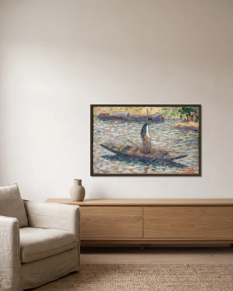 A Fisherman av Georges Seurat inramad på en vägg