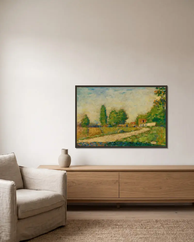 Au Bord Du Village av Georges Seurat inramad på en vägg