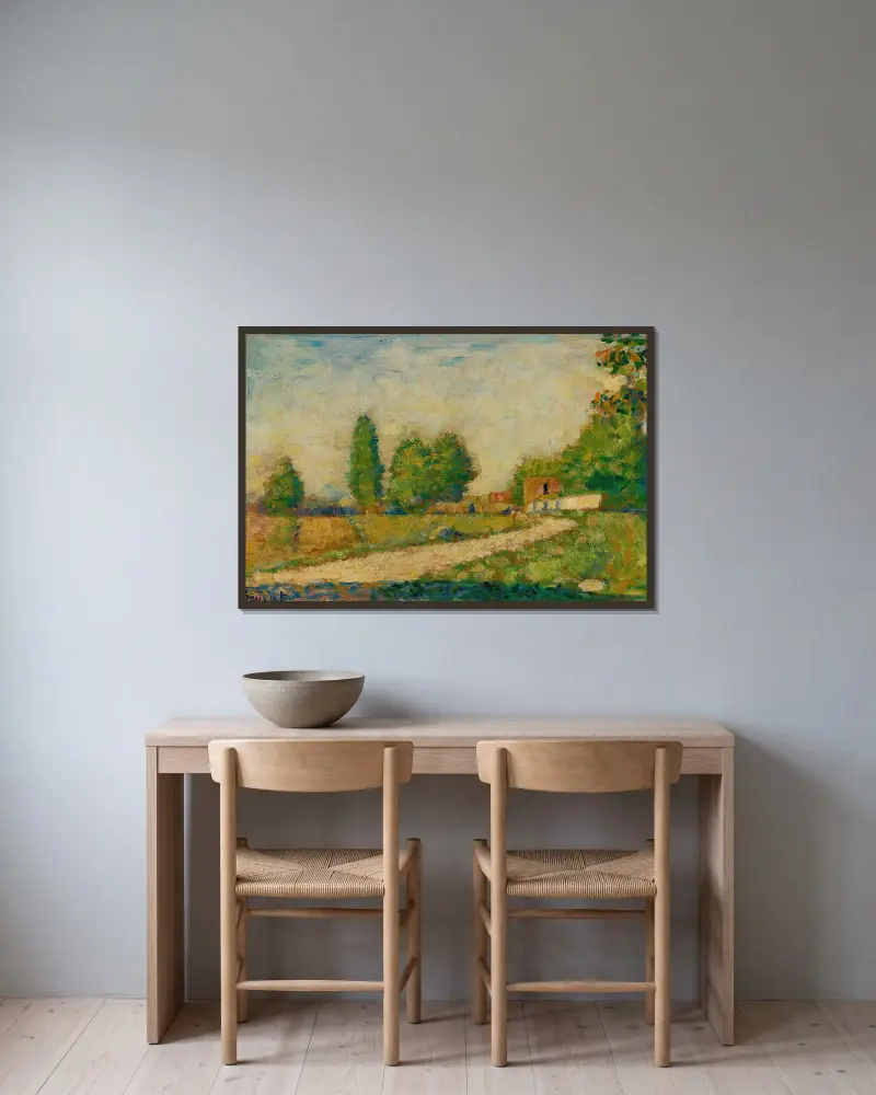 Au Bord Du Village av Georges Seurat inramad på en vägg