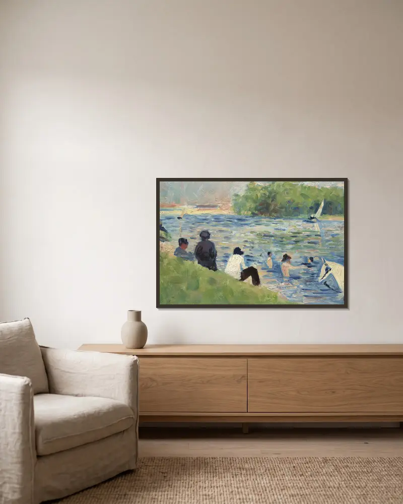 Badende (Studie zu Badende bei Asnières) von Georges Seurat gerahmt an einer Wand
