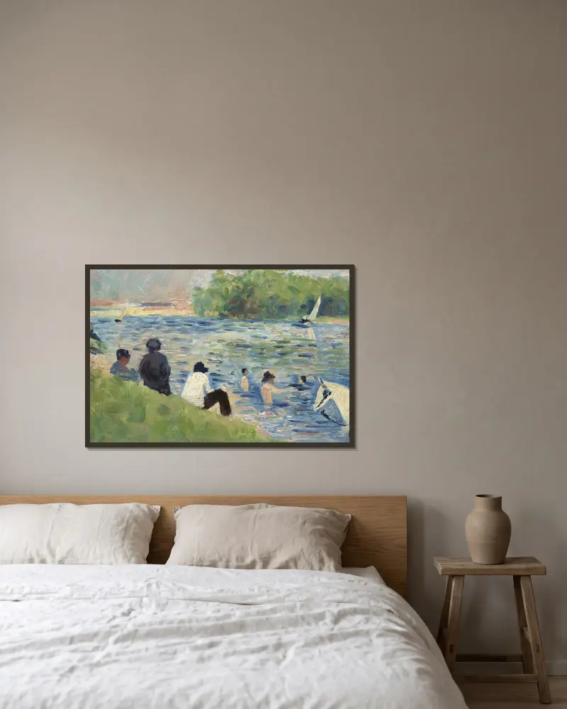 Badende (Studie zu Badende bei Asnières) von Georges Seurat gerahmt an einer Wand
