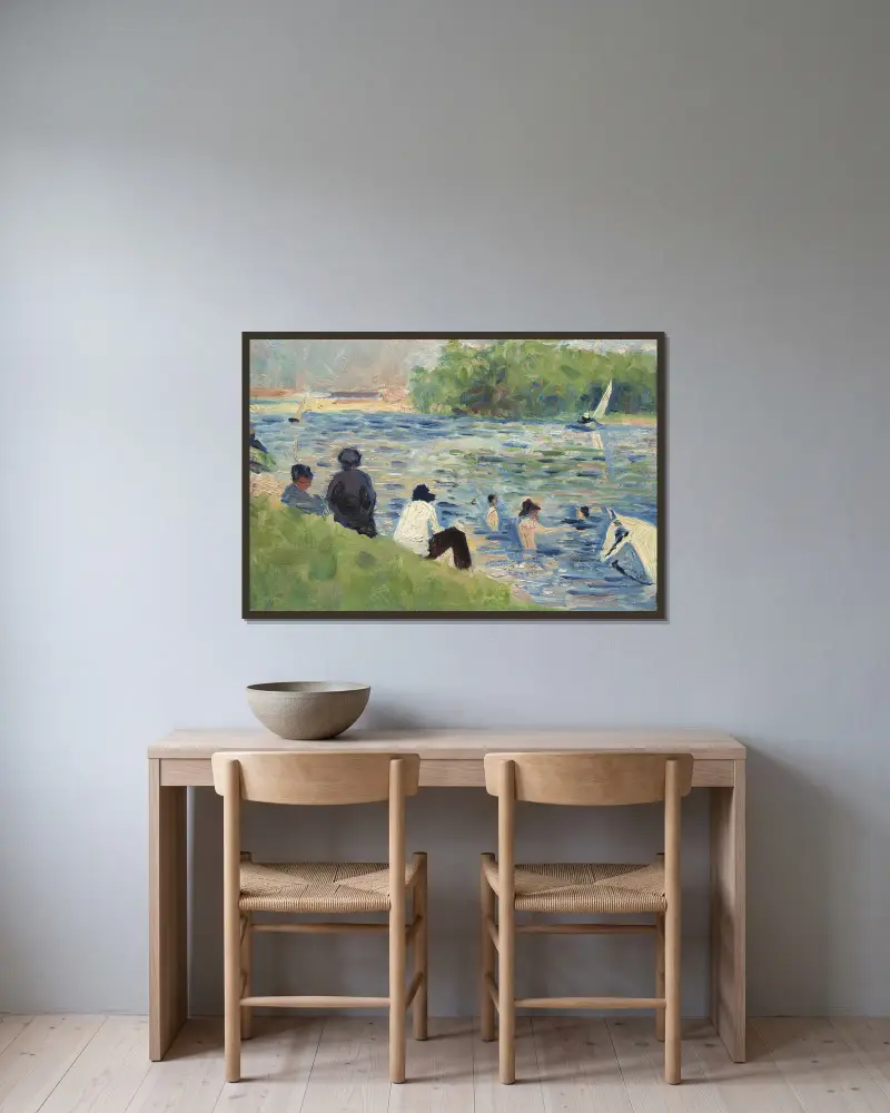 Badende (Studie zu Badende bei Asnières) von Georges Seurat gerahmt an einer Wand