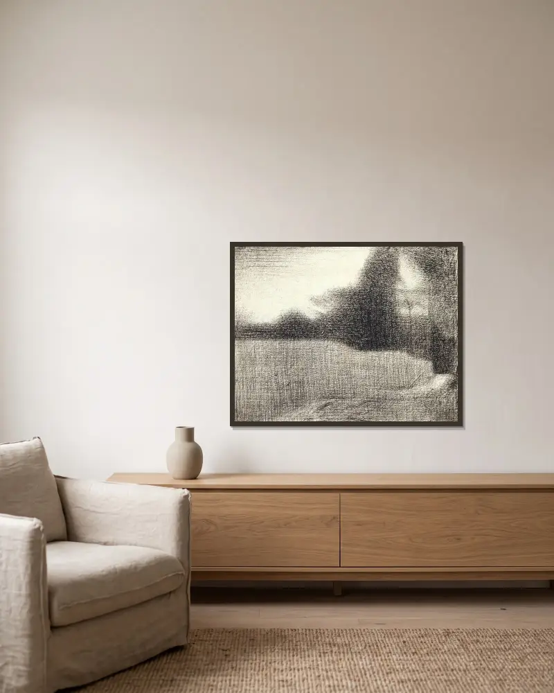 Pšenice a stromy (Pšeničné pole), Georges Seurat v rámu na stěně