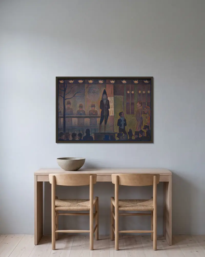 Zirkusparade von Georges Seurat gerahmt an einer Wand