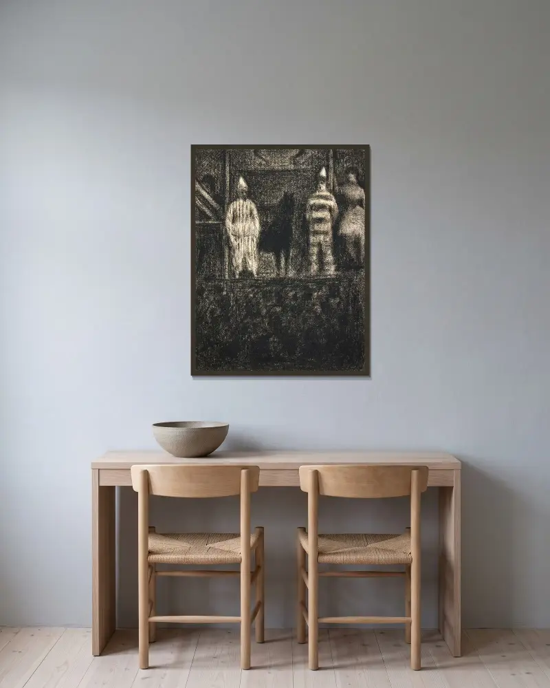 Clowns et poney av Georges Seurat inramad på en vägg