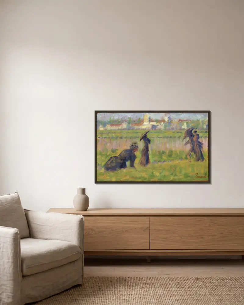 Figuren in einer Landschaft von Georges Seurat gerahmt an einer Wand