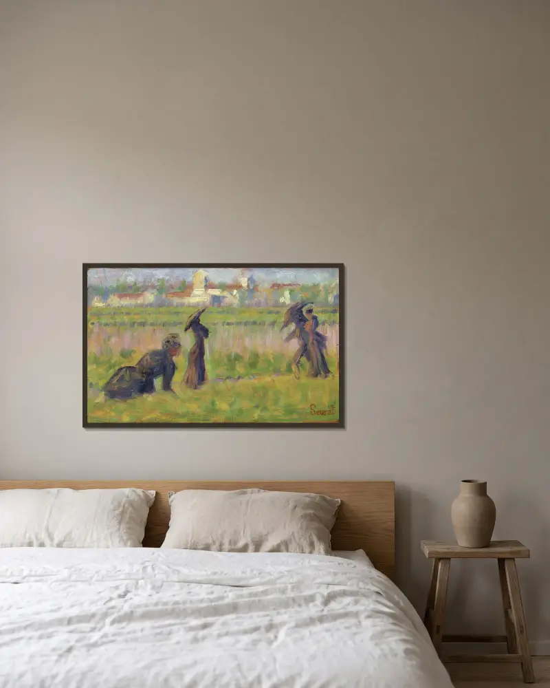Figuren in einer Landschaft von Georges Seurat gerahmt an einer Wand