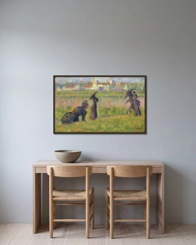 Figuren in einer Landschaft von Georges Seurat gerahmt an einer Wand