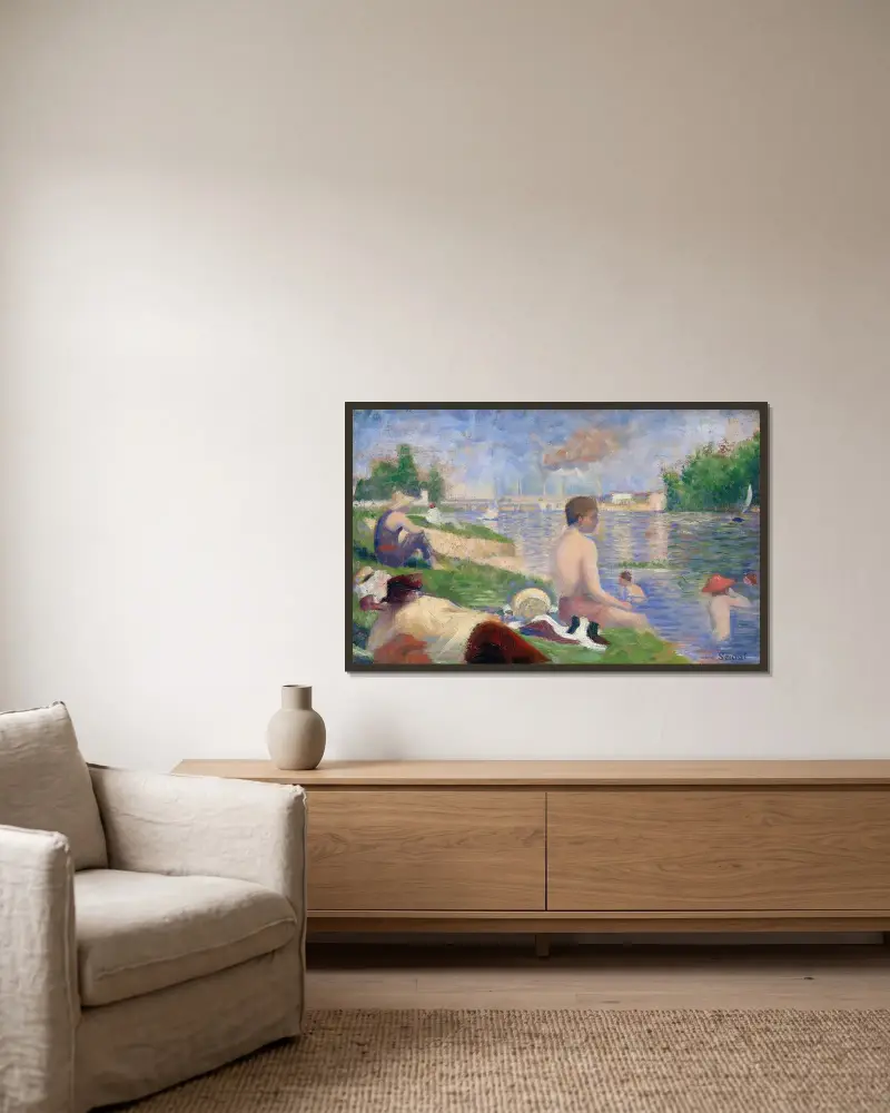 Final Study for “Bathers at Asnières” av Georges Seurat inramad på en vägg