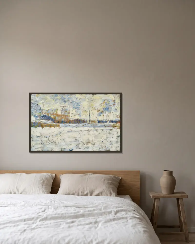 Hiver en banlieue av Georges Seurat inramad på en vägg