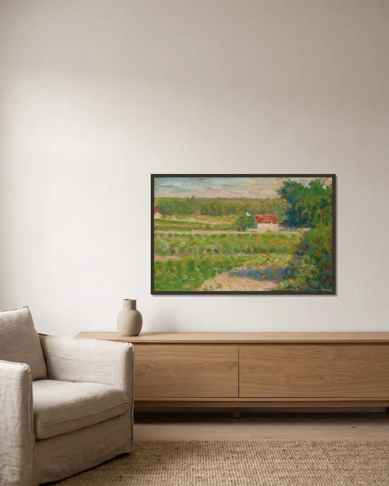 La Maison au toit rouge av Georges Seurat inramad på en vägg