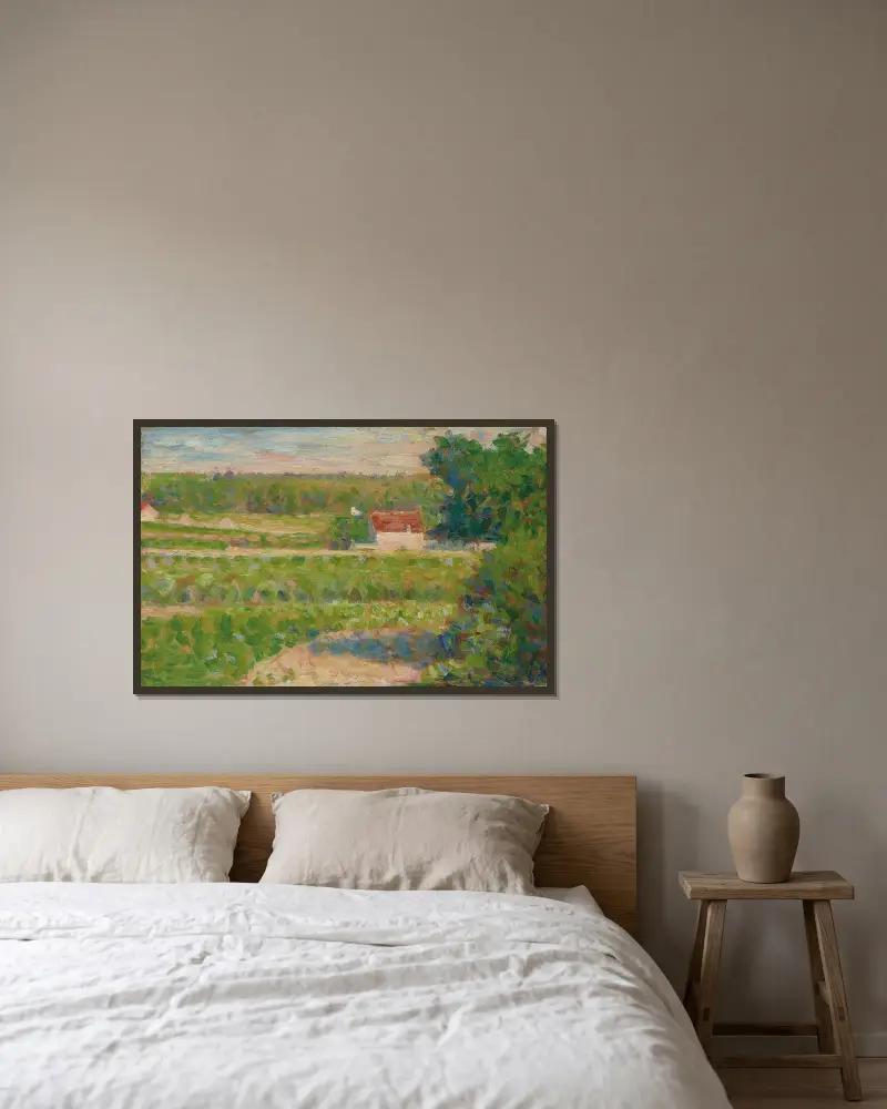 La Maison au toit rouge av Georges Seurat inramad på en vägg