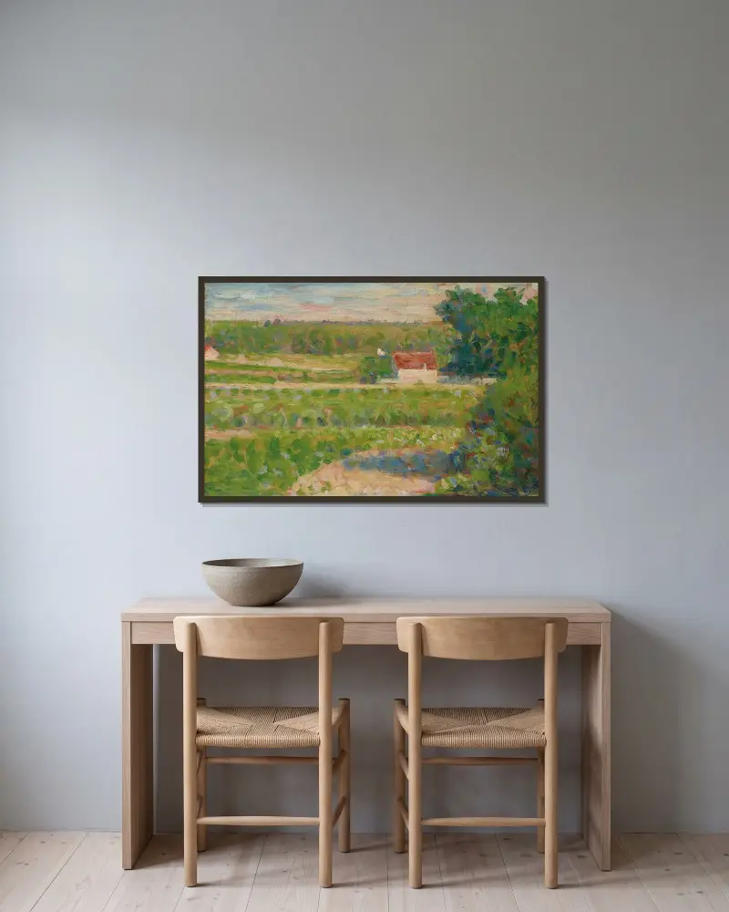La Maison au toit rouge av Georges Seurat inramad på en vägg