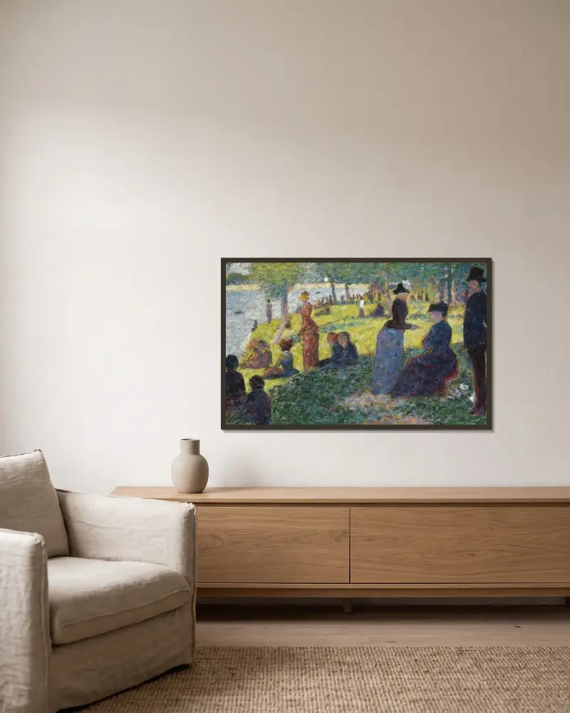 Oil Sketch for “La Grande Jatte” av Georges Seurat inramad på en vägg