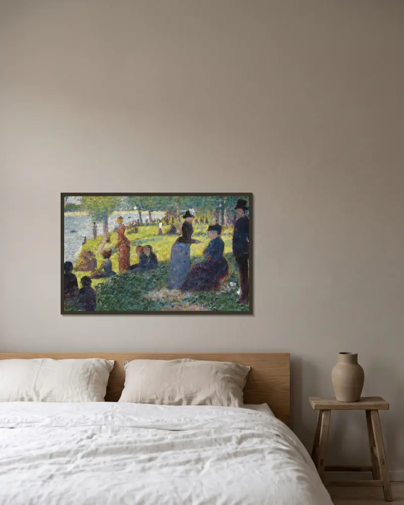 Oil Sketch for “La Grande Jatte” av Georges Seurat inramad på en vägg