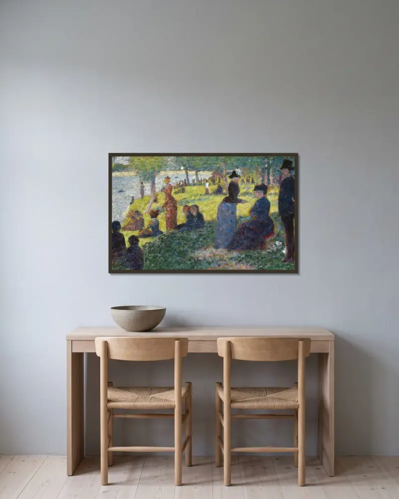 Oil Sketch for “La Grande Jatte” av Georges Seurat inramad på en vägg