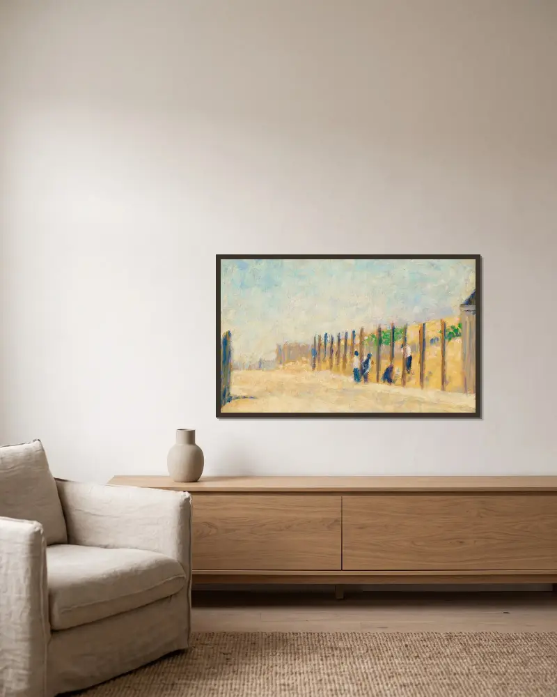 Ouvriers enfonçant des pieux av Georges Seurat inramad på en vägg