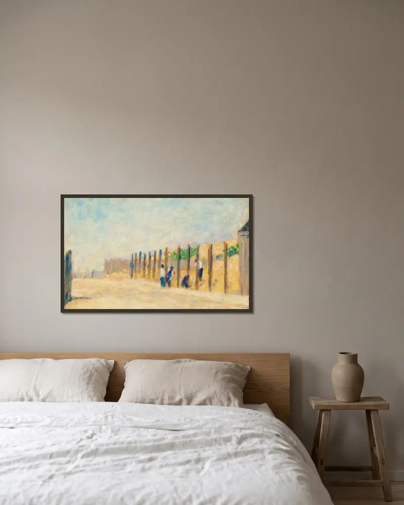 Ouvriers enfonçant des pieux av Georges Seurat inramad på en vägg