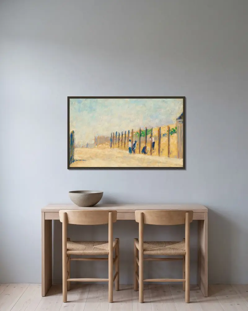 Ouvriers enfonçant des pieux av Georges Seurat inramad på en vägg